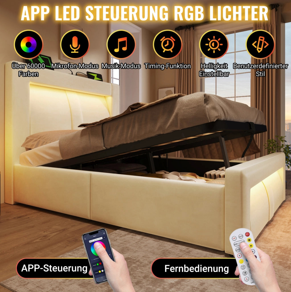 Letto matrimoniale contenitore 160 × 200 cm con LED; USB e USB-C; velluto beige