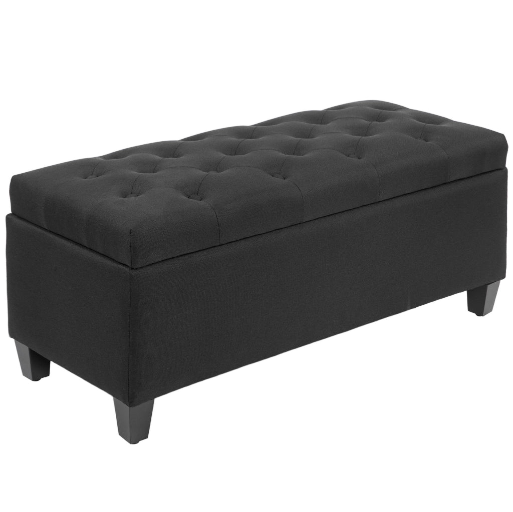 Panca contenitore imbottita in poliestere effetto lino nera 100x40x44 cm con gambe in legno di gomma