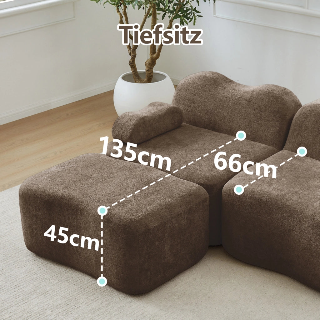 Divano panoramico a U modulare 3 posti con 2 pouf, seduta profonda e braccioli mobili in velluto marrone
