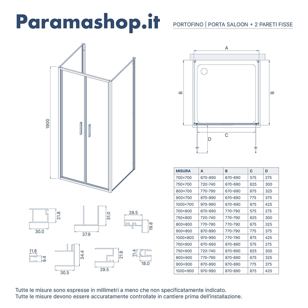 Box doccia tre lati 80x100x80cm con porta saloon profili cromati e vetro 6mm anticalcare trasparente h190 | Portofino