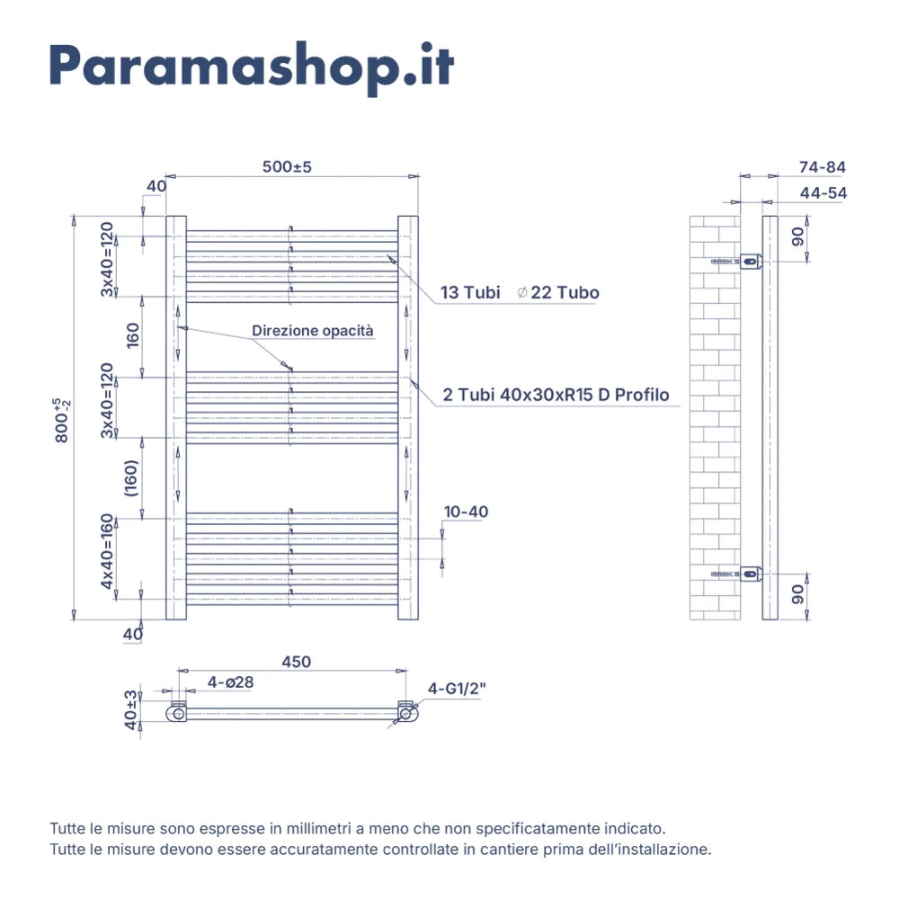 Termoarredo idraulico 800x500 bianco opaco interasse 450 | Polaris