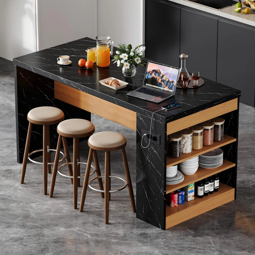 Isola da cucina con LED; prese; piano 40 mm e 3 ripiani aperti; nero e legno; 155x80x90 cm