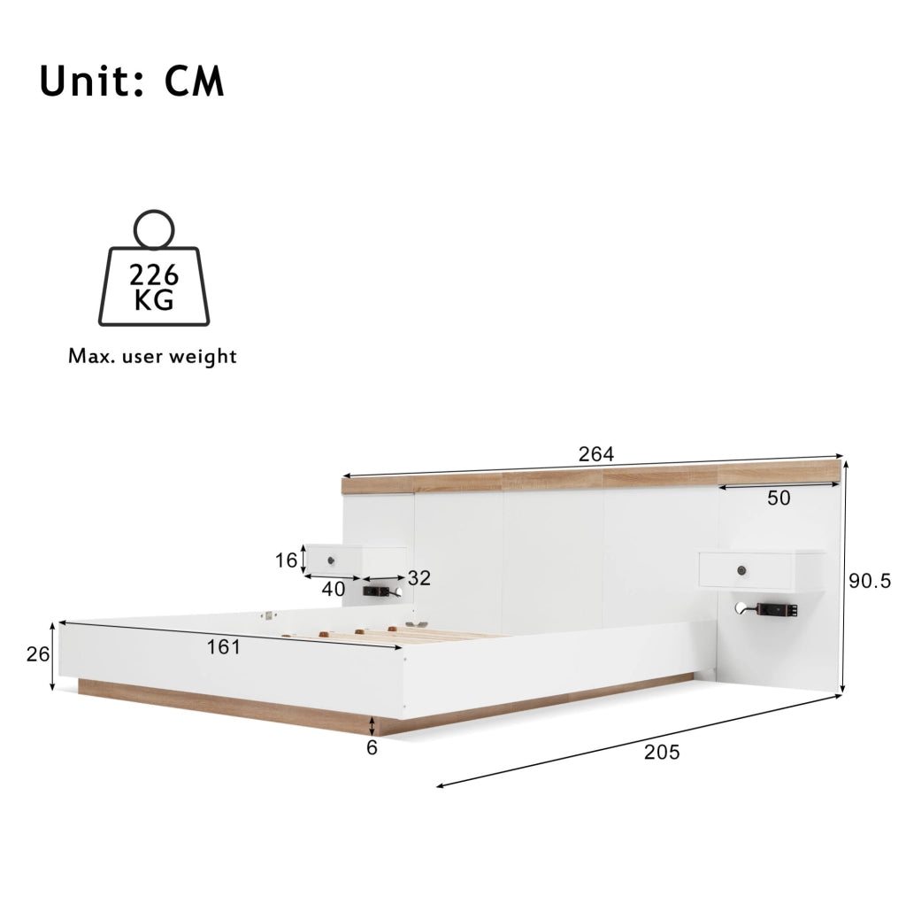 Letto matrimoniale 160x200 cm con 2 comodini LED, prese USB-C e struttura in Rovere Sonoma/Bianco