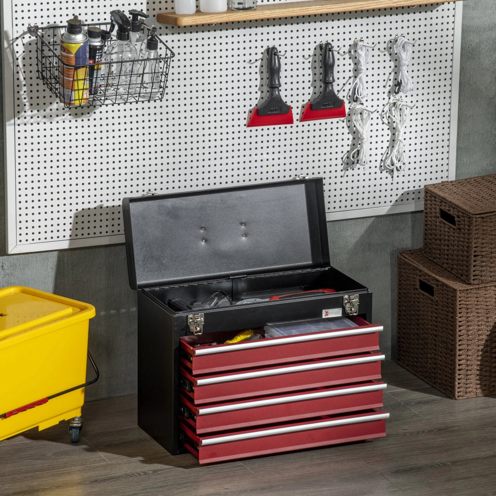 Cassettiera per utensili in acciaio con 4 cassetti e serratura, 51x22x39,5 cm, nero e rosso