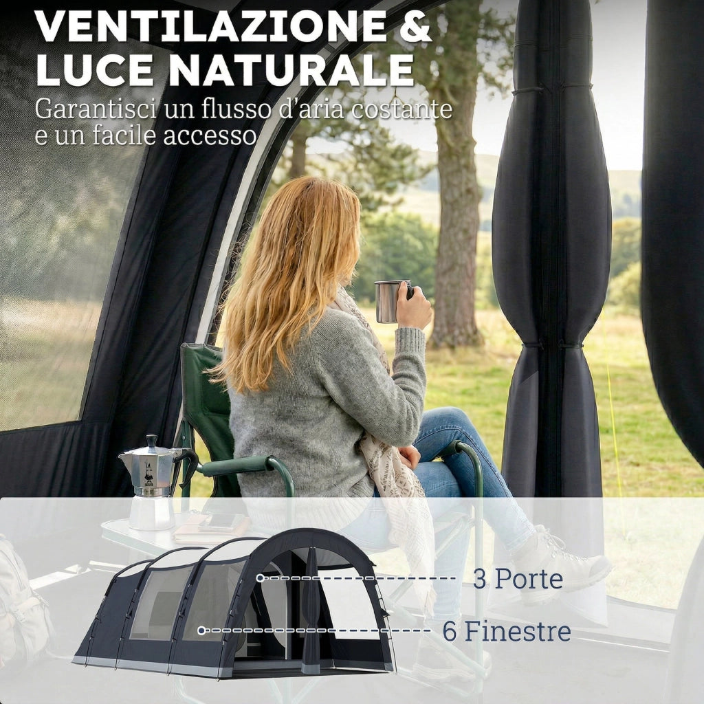 Tenda da Campeggio a Tunnel per 2-4 Persone 540x320x210 cm con 2 Stanze Impermeabile 3000mm Resistente Blu Navy