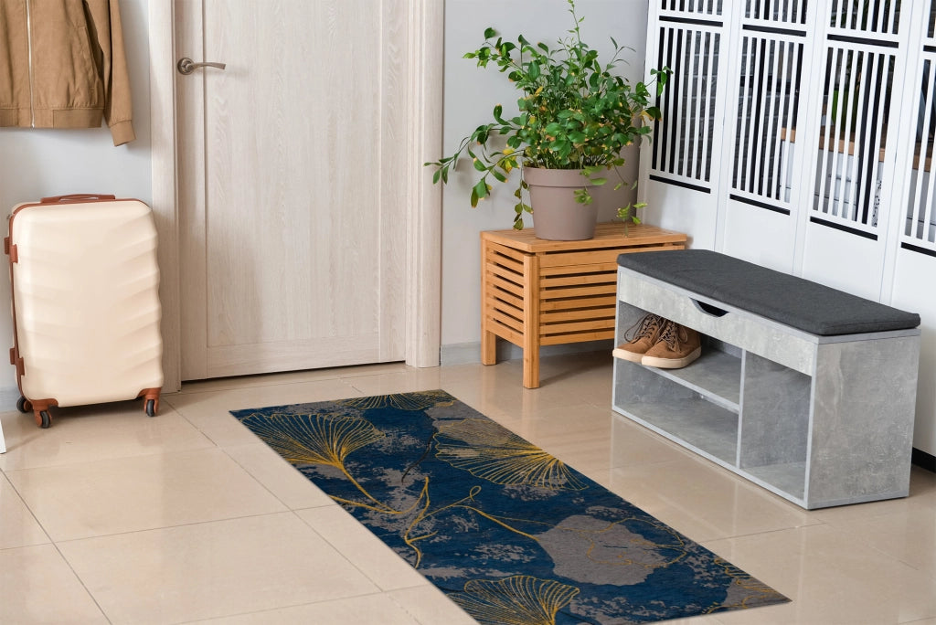 Tappeto Arredo Moderno Morbido in Ciniglia Ingresso Antiscivolo Prodotto Italiano  Soggiorno Camera Salotto Disegni Piazzati Cotone Varie Misure Grande Ginko/Indaco - 140x200 cm