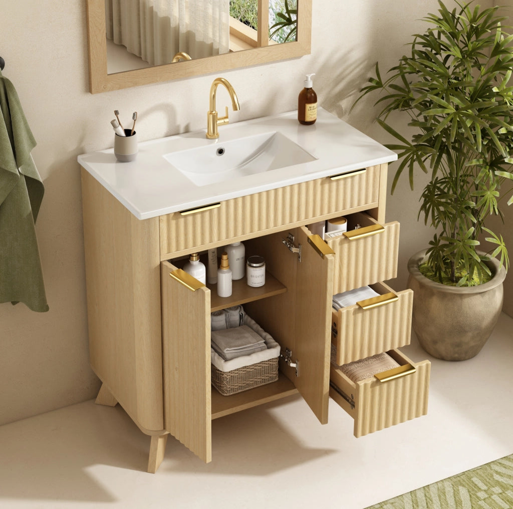 Mobile bagno 81 cm naturale in MDF e ceramica con 3 cassetti