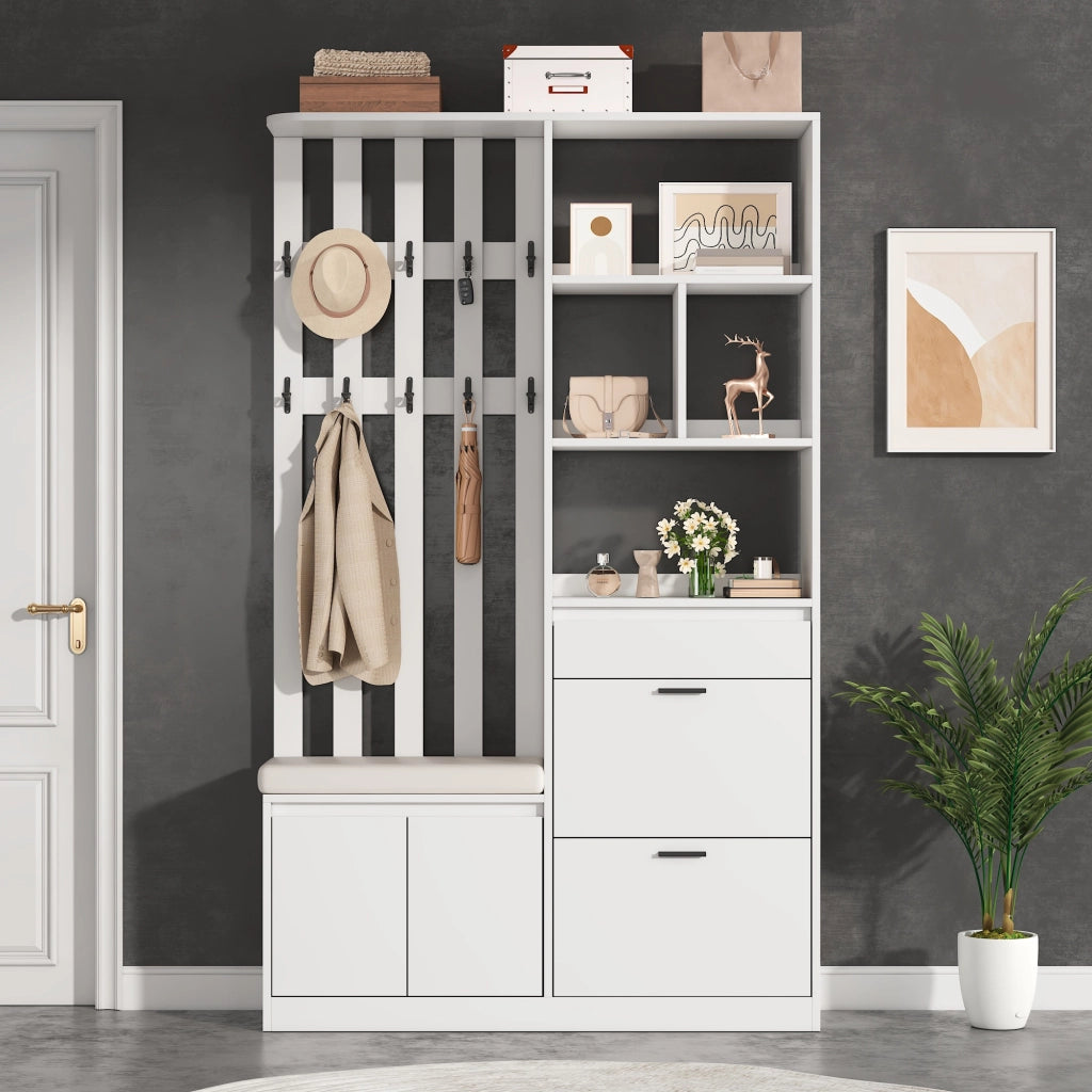Guardaroba da ingresso bianco in mdf 120x30x200 cm; mobile ingresso con panca imbottita; scarpiera a ribalta e 10 ganci