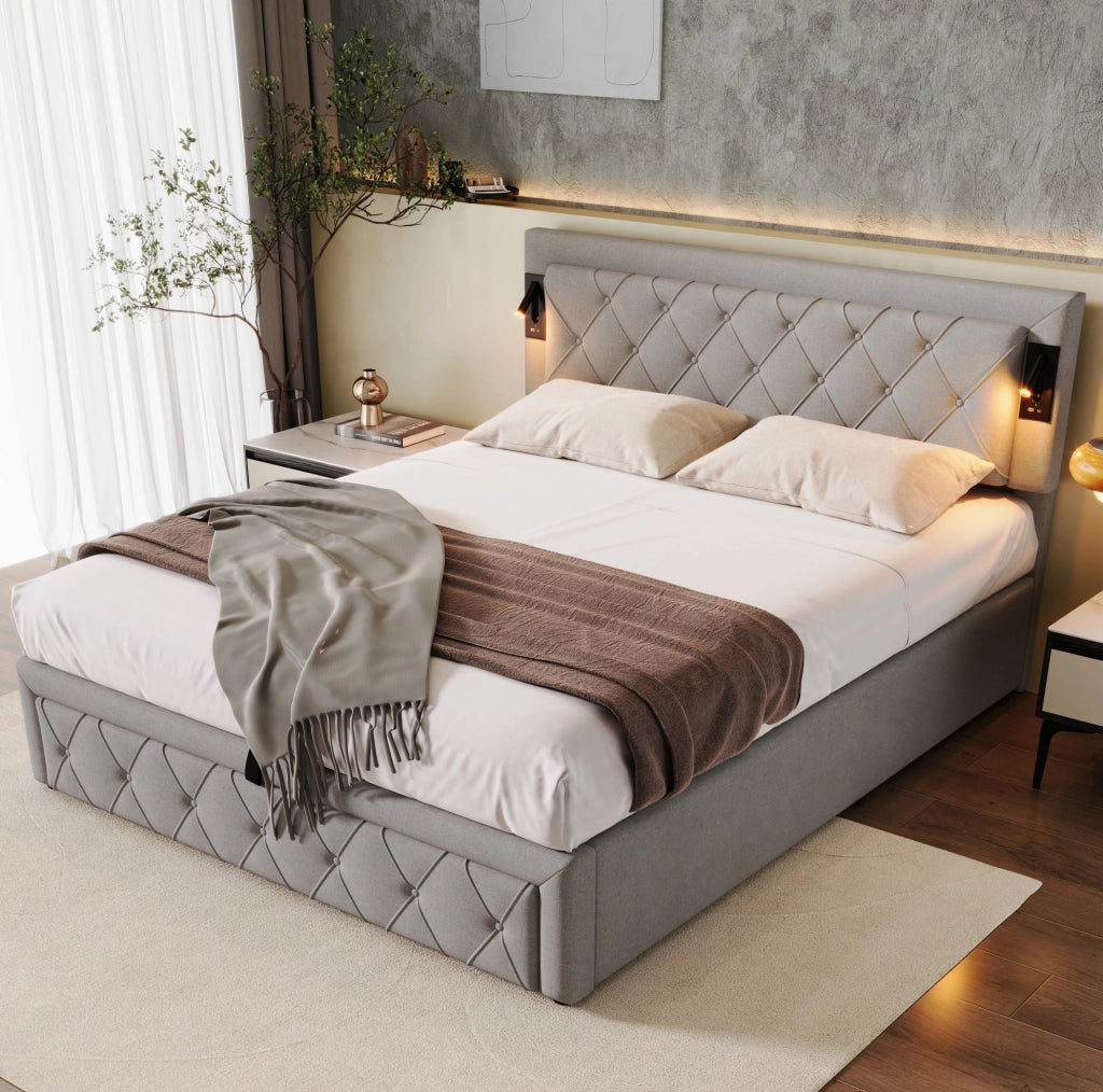 Letto imbottito con contenitore, LED e USB, grigio