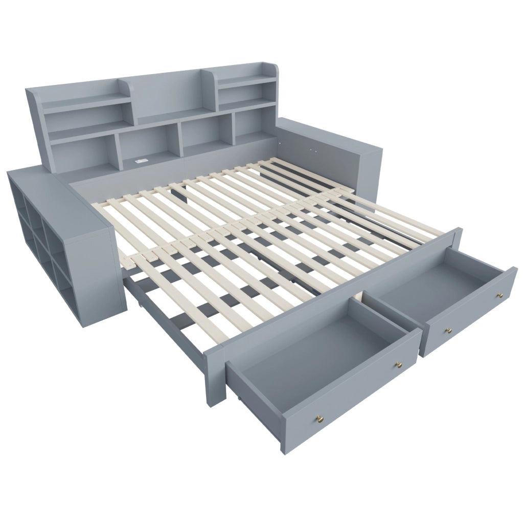 Divano letto estraibile 90x200/180x200 cm con cassetti, LED e prese in compensato e MDF grigio