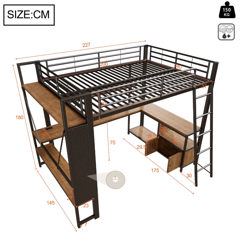 Letto a soppalco 140x200 cm in metallo con scrivania integrata, LED, ripiani, USB, nero