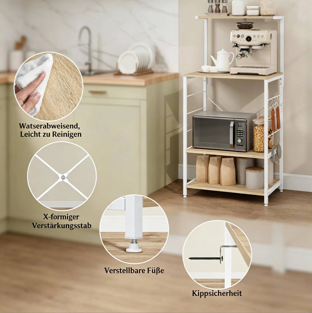 Scaffale da cucina a 4 ripiani con ganci, bianco e rovere