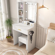 Set da toeletta con sgabello imbottito, specchio a LED, presa di corrente e cassetto, bianco
