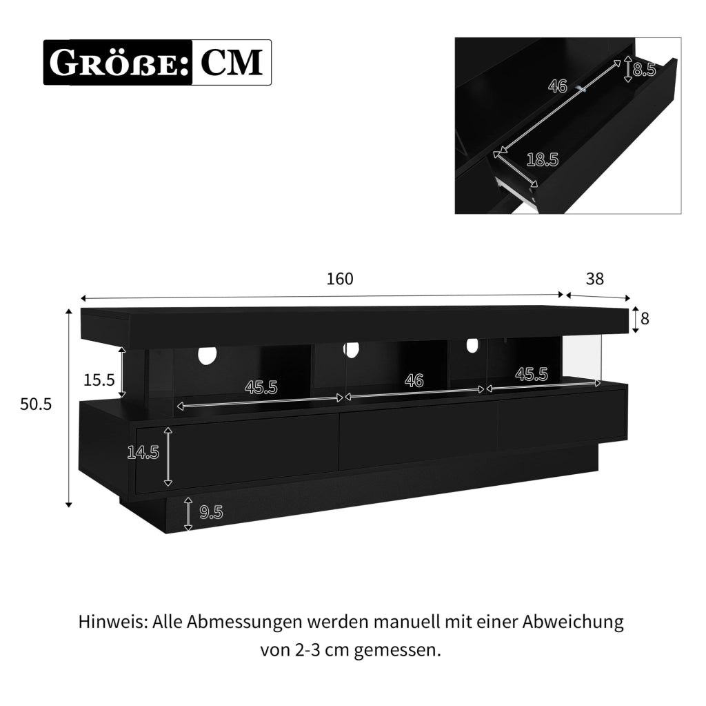 TV moderno nero lucido con LED e 3 vani in vetro