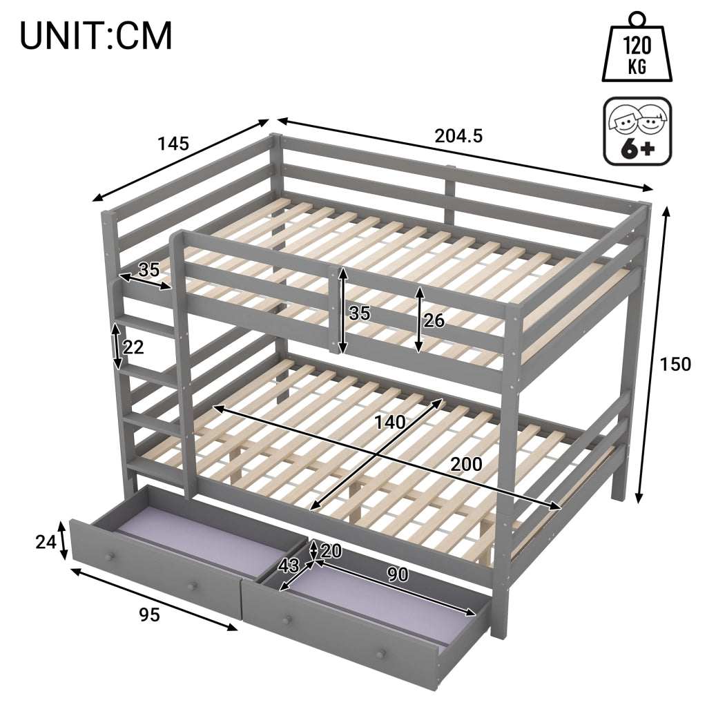 Letto a Castello 140x200 cm; 2 Posti; con Cassetti e Scala - in Legno e MDF - Grigio