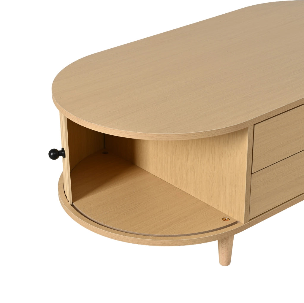 Tavolino da salotto 100x50 cm con 2 cassetti e ante avvolgibili; MDF effetto legno naturale HOMVRA