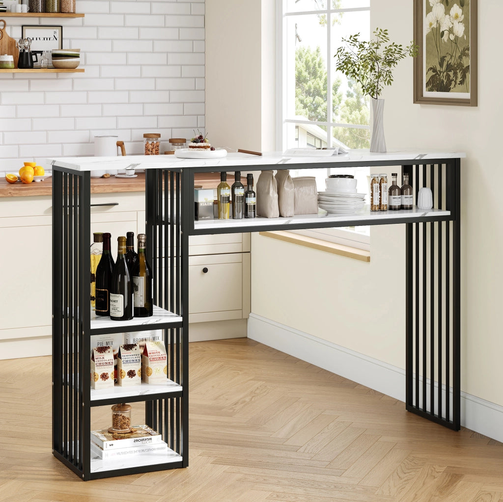 Tavolo bar con ripiani; 140 x 40 x 105 cm; MDF e metallo; bianco e nero