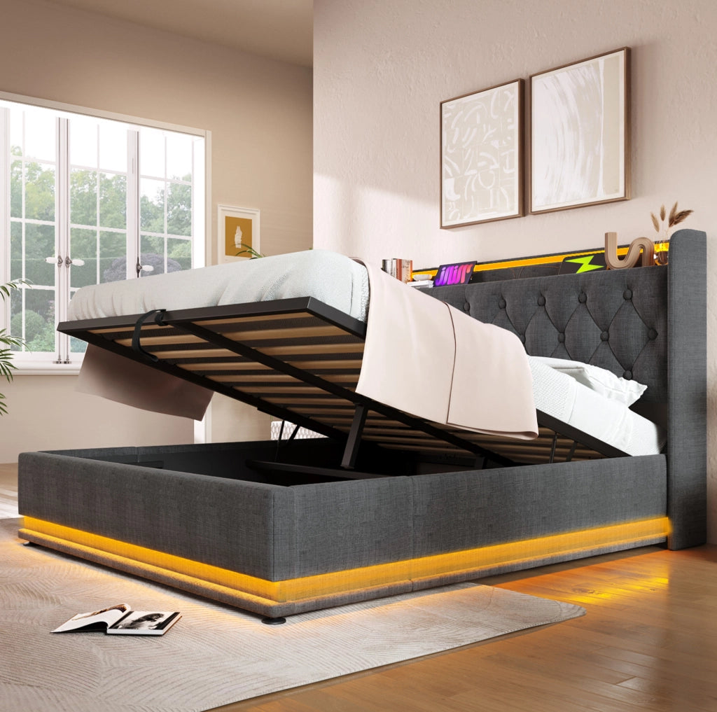 Letto matrimoniale 140x200 cm con contenitore idraulico; LED e USB-C; in lino grigio
