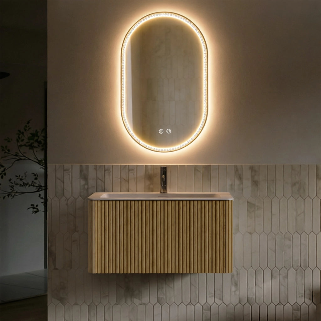 Mobile da bagno con lavabo integrato e specchio LED - per bagno - in MDF - rovere