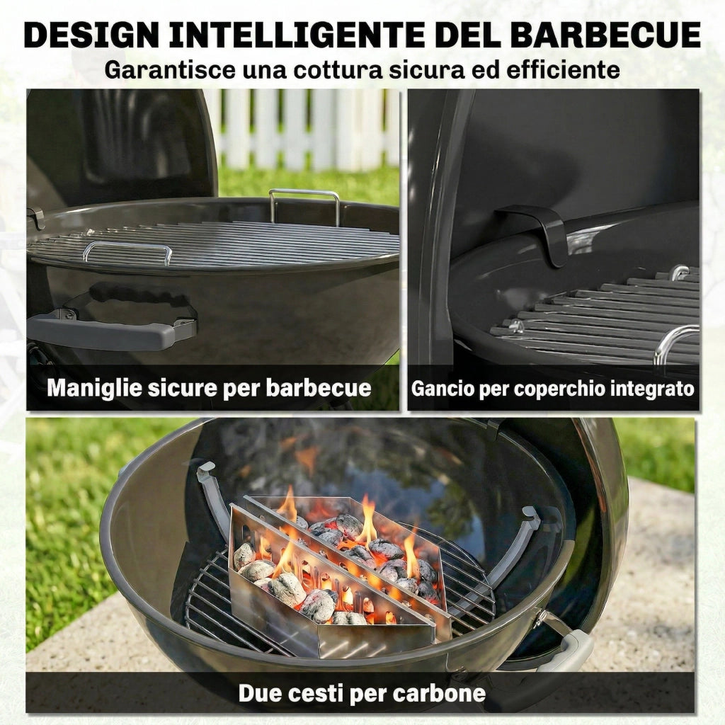 Barbecue a Carbone con griglia esterna rotonda, coperchio, termometro e ruote, Nero