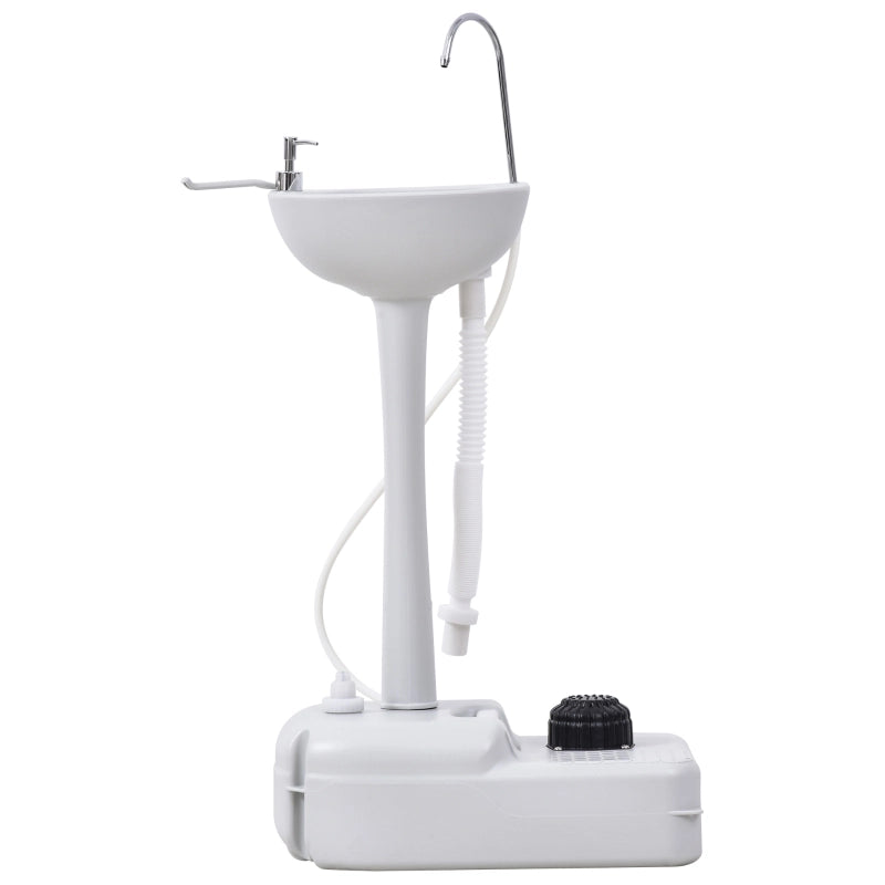 Lavabo portatile con pompa a pedale, serbatoio da 17 l, ruote e porta asciugamano in HDPE bianco per campeggio