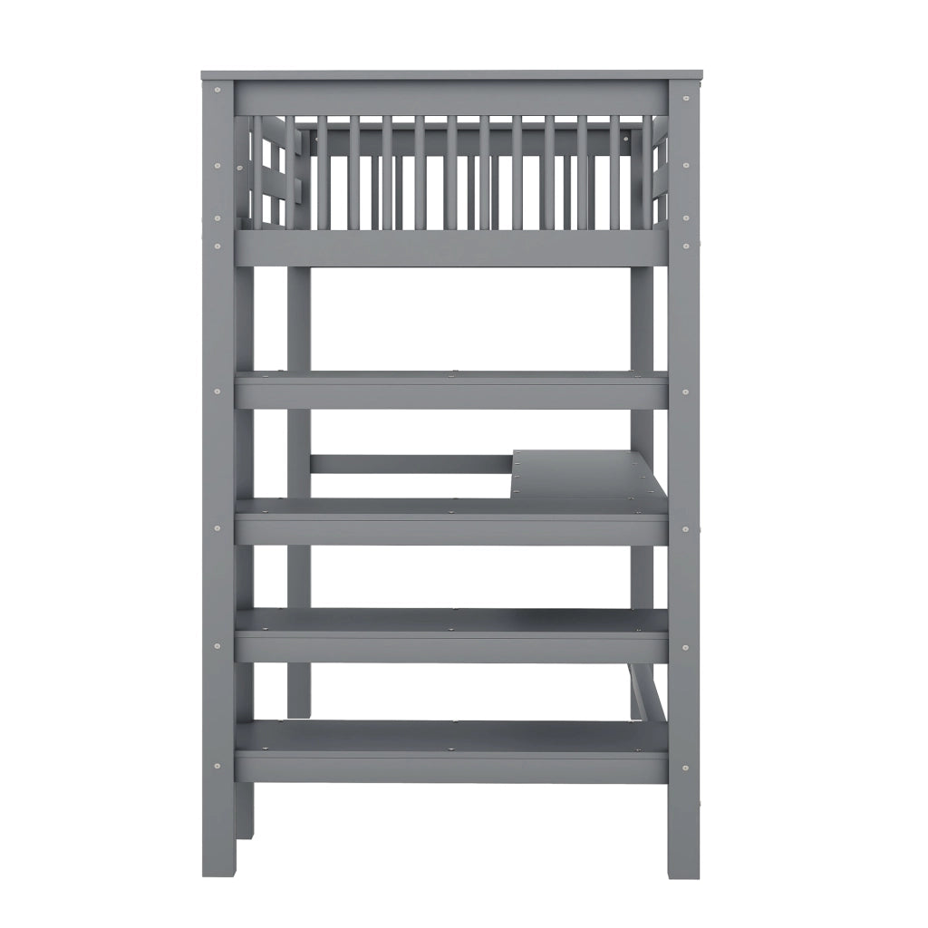 Letto a soppalco 90 × 200 cm con scrivania e ripiani integrati in legno e MDF grigio
