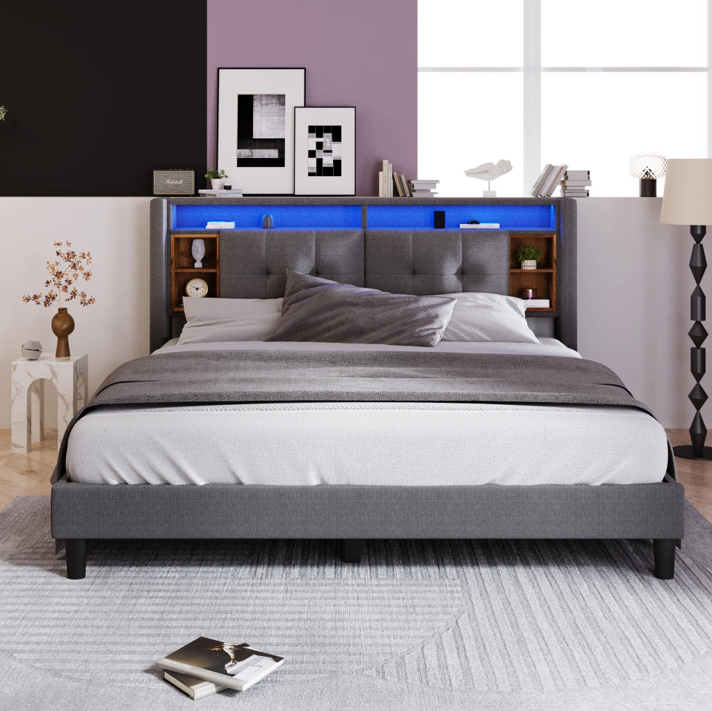 Letto matrimoniale imbottito ULEVR 160x200 cm con testiera contenitore, LED, 2 USB e 2 prese, grigio