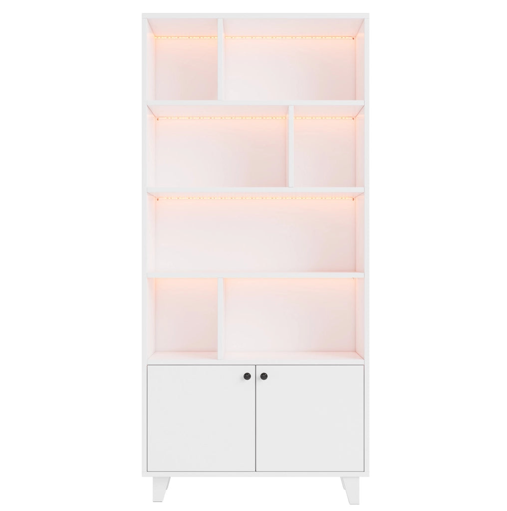 Libreria 80x30x173 cm bianca in MDF con gambe in legno, 7 vani e luci LED