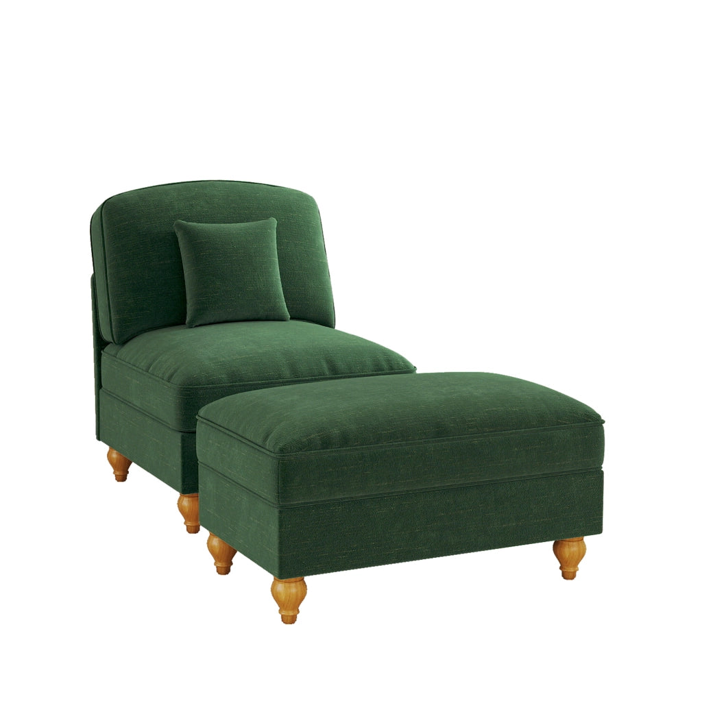 Poltrona Lounge classica in chenille verde con gonna removibile e pouf mobile