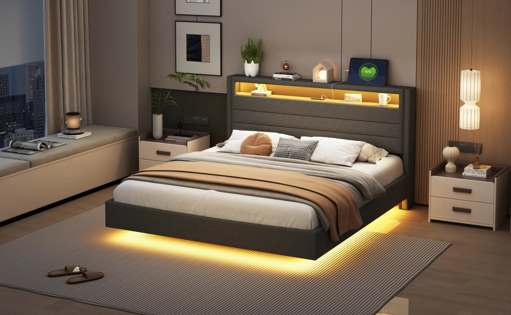 DESMIU Lit adulte 160 × 200 cm con USB, LED, testiera reversibile e piedi nascosti, senza materasso, grigio