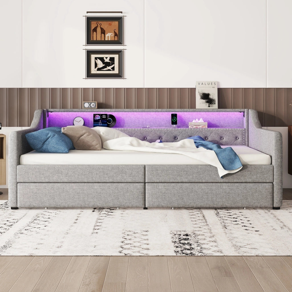 Letto divano singolo 90 × 200 cm con 2 cassetti; USB e LED regolabile; senza materasso; in lino; grigio
