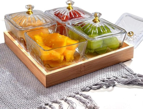 Dienbladen in legno per snack - 4 scodelle per servire con coperchio - Piatti per tapas per antipasti e scodelle per marmellate