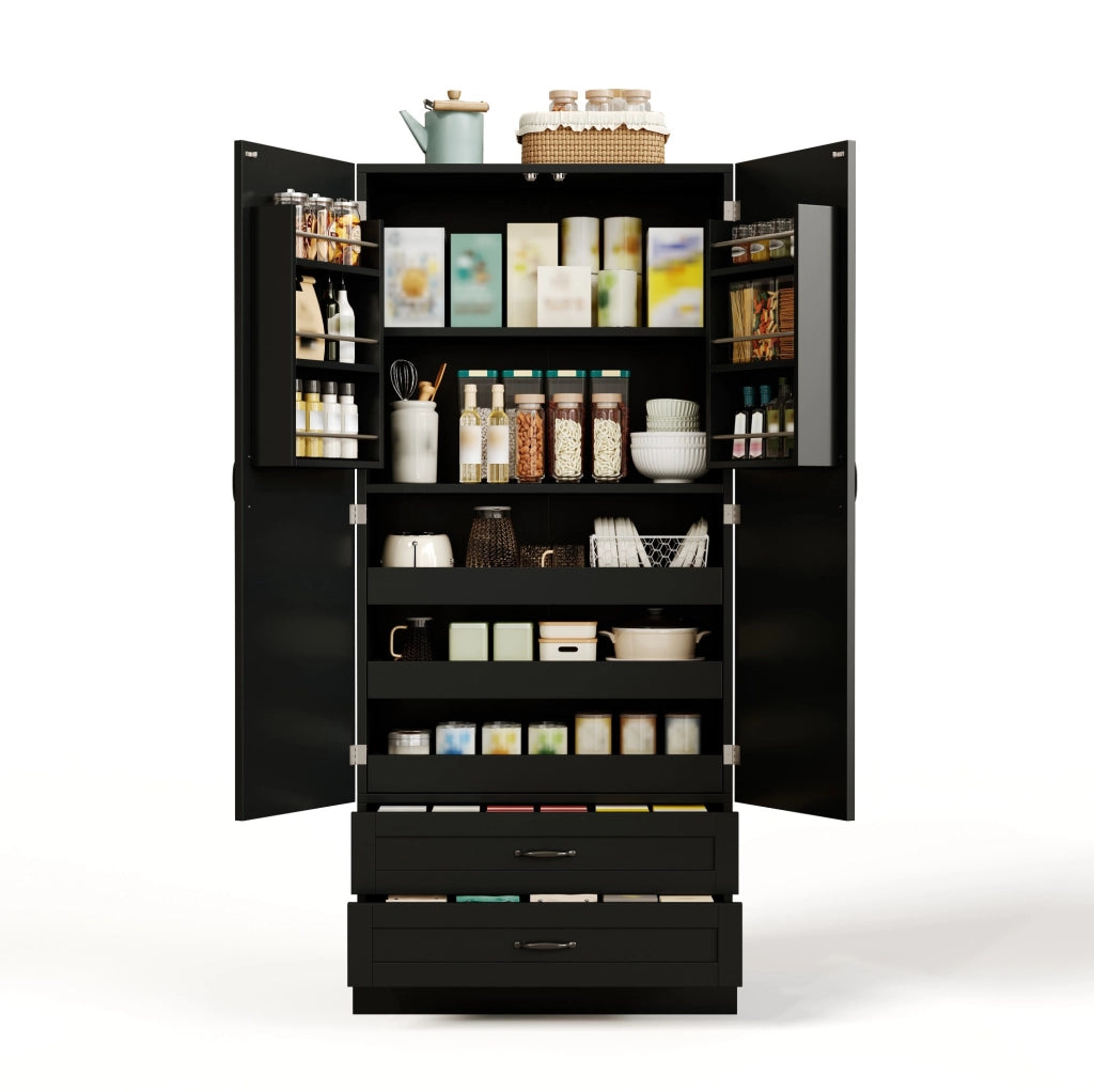 Hochschrank mit 3 Ausziehböden, 2 Schubladen und Doppeltür aus MDF, 180x80x37,5 cm für Küche und Esszimmer