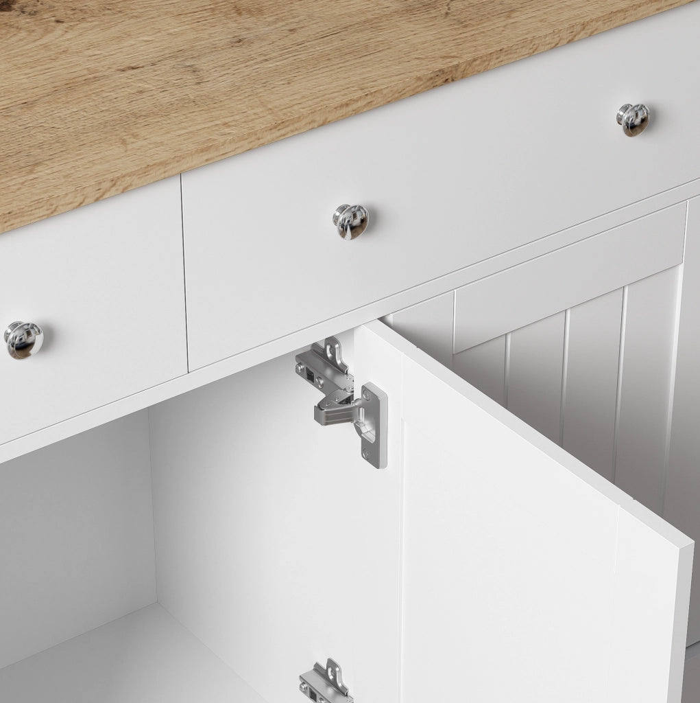 Credenza bianca e finitura legno con 3 ante e 2 cassetti