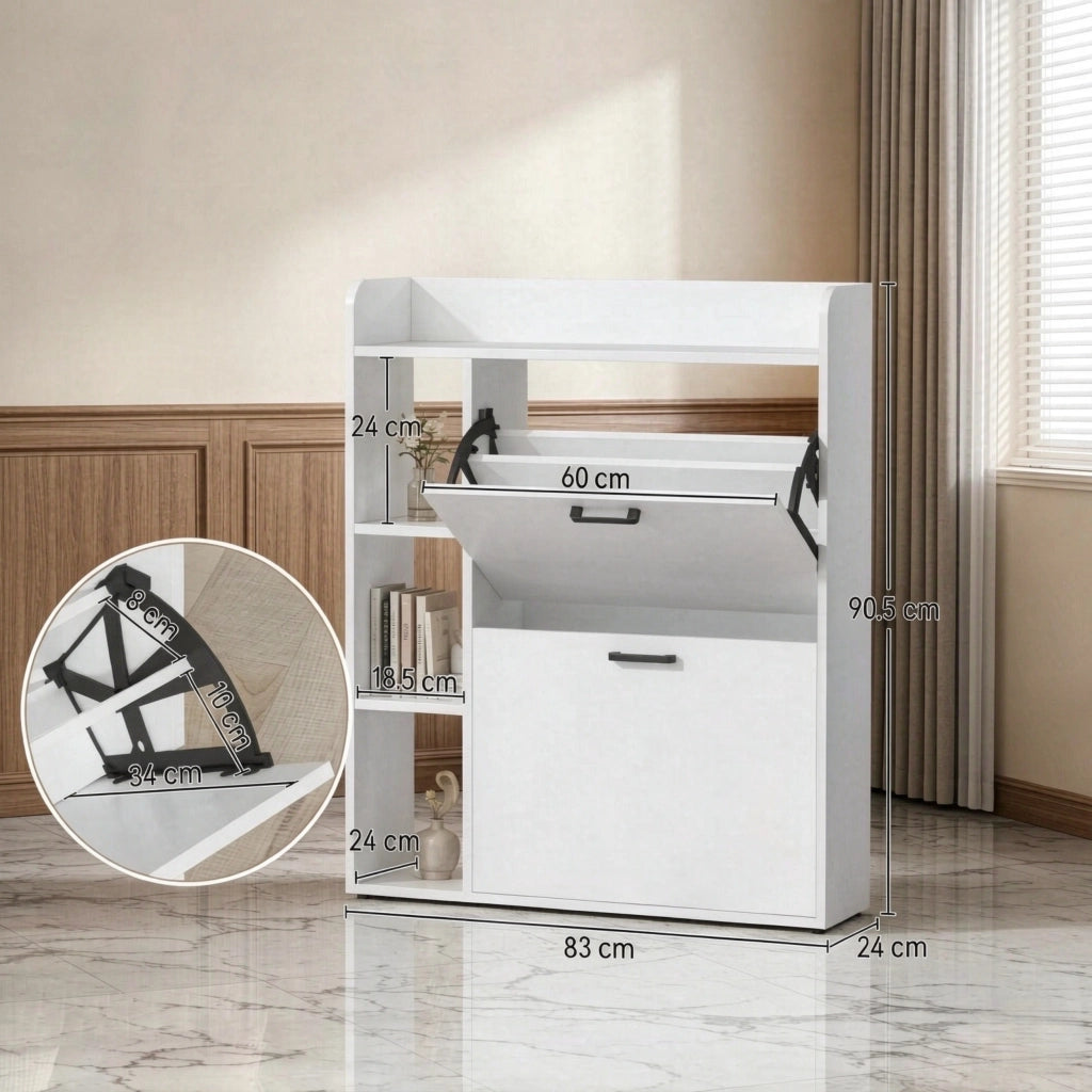 Scarpiera con 2 vani ribaltabili e 3 scomparti laterali in pannello truciolare bianco per 15 paia 83 × 24 × 90.5 cm