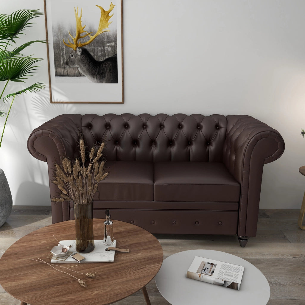 Divano 2 Posti Chesterfield in Ecopelle con Cuscino Rimovibile ¨C Minimal ¨C 160x84x80 cm Marrone