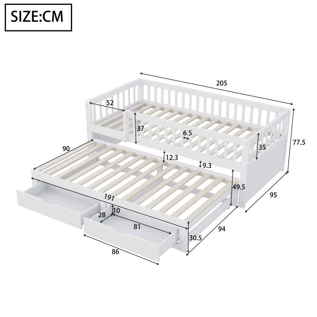 Letto con letto estraibile 90 × 200 cm con due cassetti rete a doghe e barriera perimetrale in legno bianco