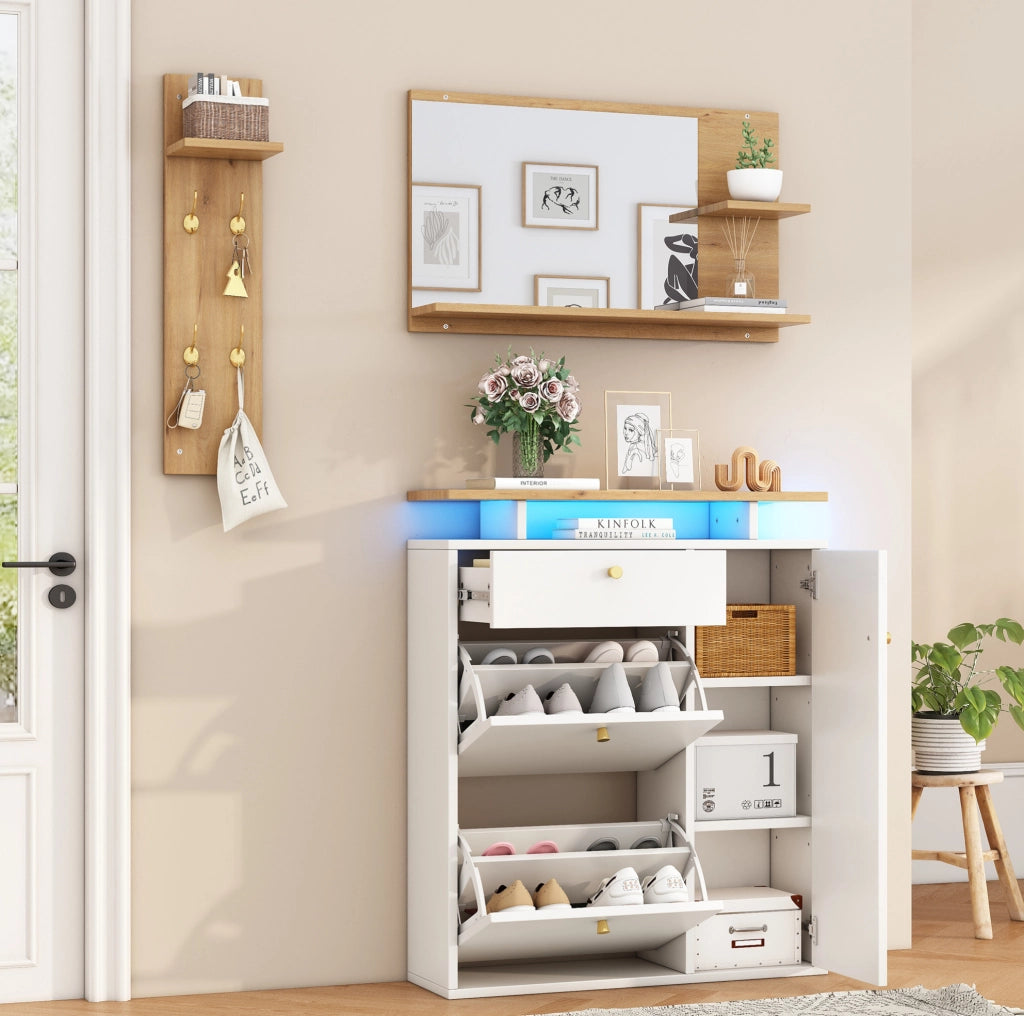 Set guardaroba da ingresso 3 pezzi con specchio, mensola cappelli e scarpiera con illuminazione LED, 4 ganci, bianco e naturale, 105x25x151,5 cm
