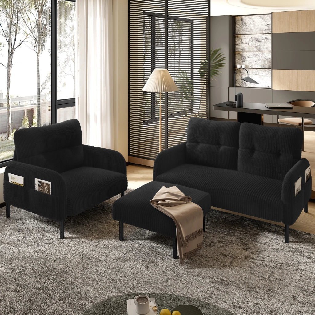 Set 3 pezzi con divano a 2 posti; poltrona e pouf in corduroy nero