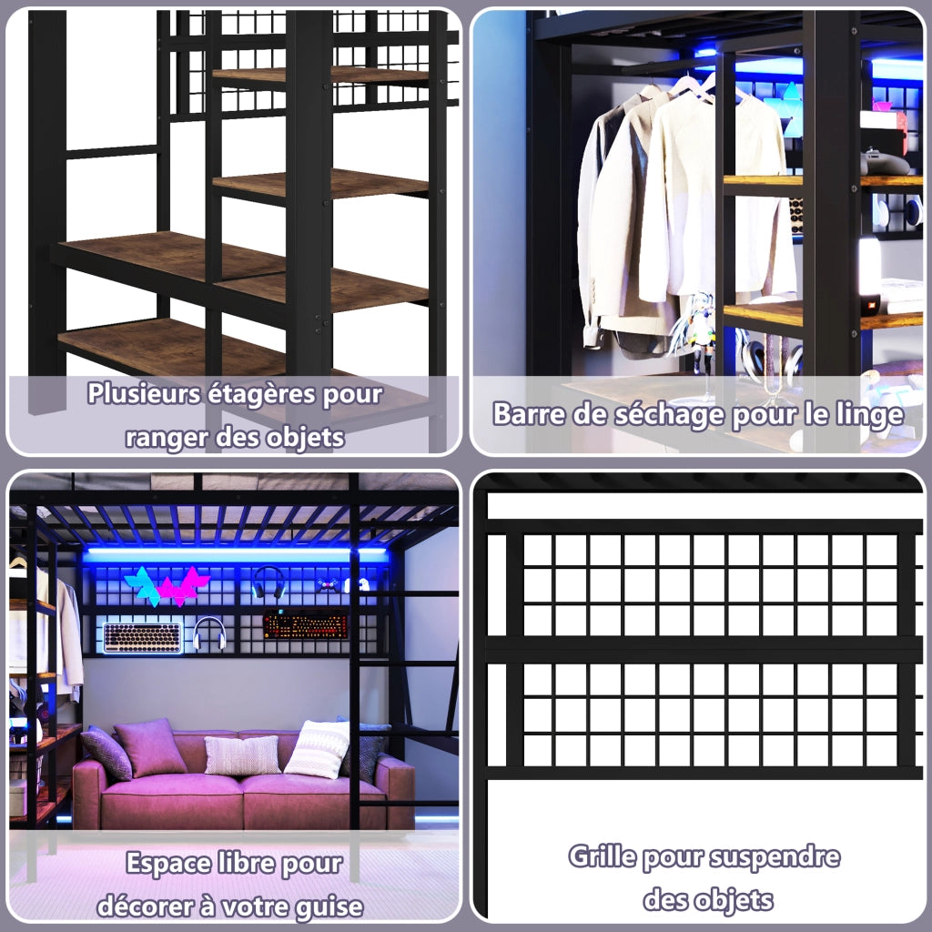 Letto a soppalco 140 × 200 cm con luci LED app ripiano rete appendiabiti metallo MDF nero senza materasso
