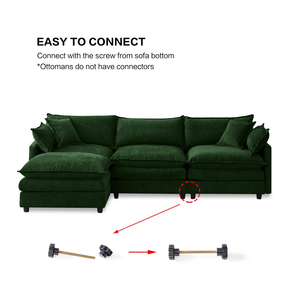Divano angolare modulare a 3 posti con chaise longue e pouf in chenille verde