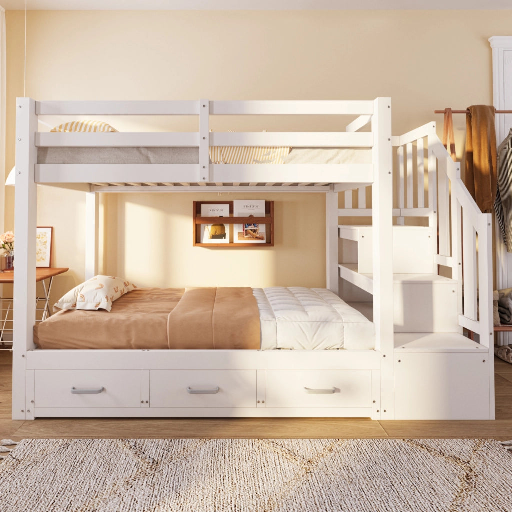 Letto a castello in legno massiccio 90x200 cm con letto estraibile 90/180x190 cm, scala con cassetti, bianco
