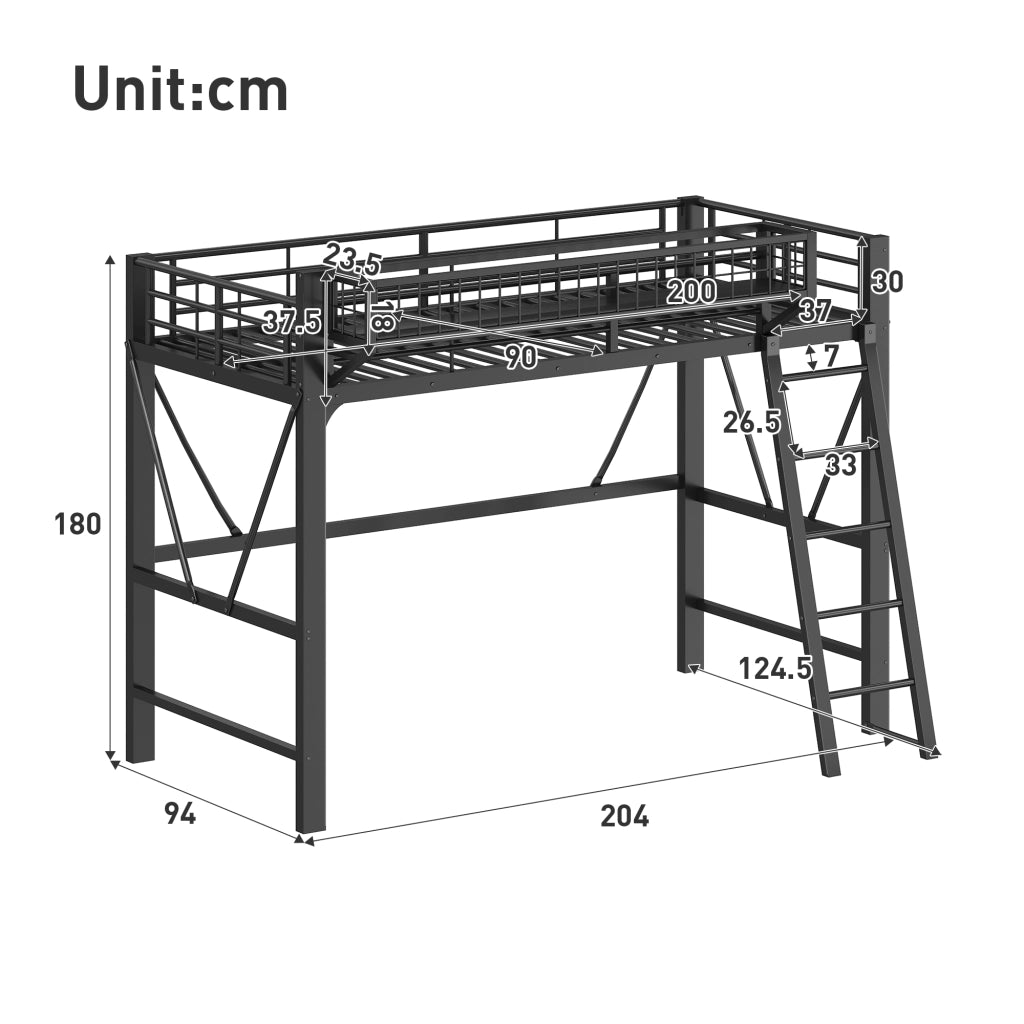Letto a soppalco 90 × 200 cm 1 posto con LED a 7 colori, cestino laterale e barriere, senza materasso, nero