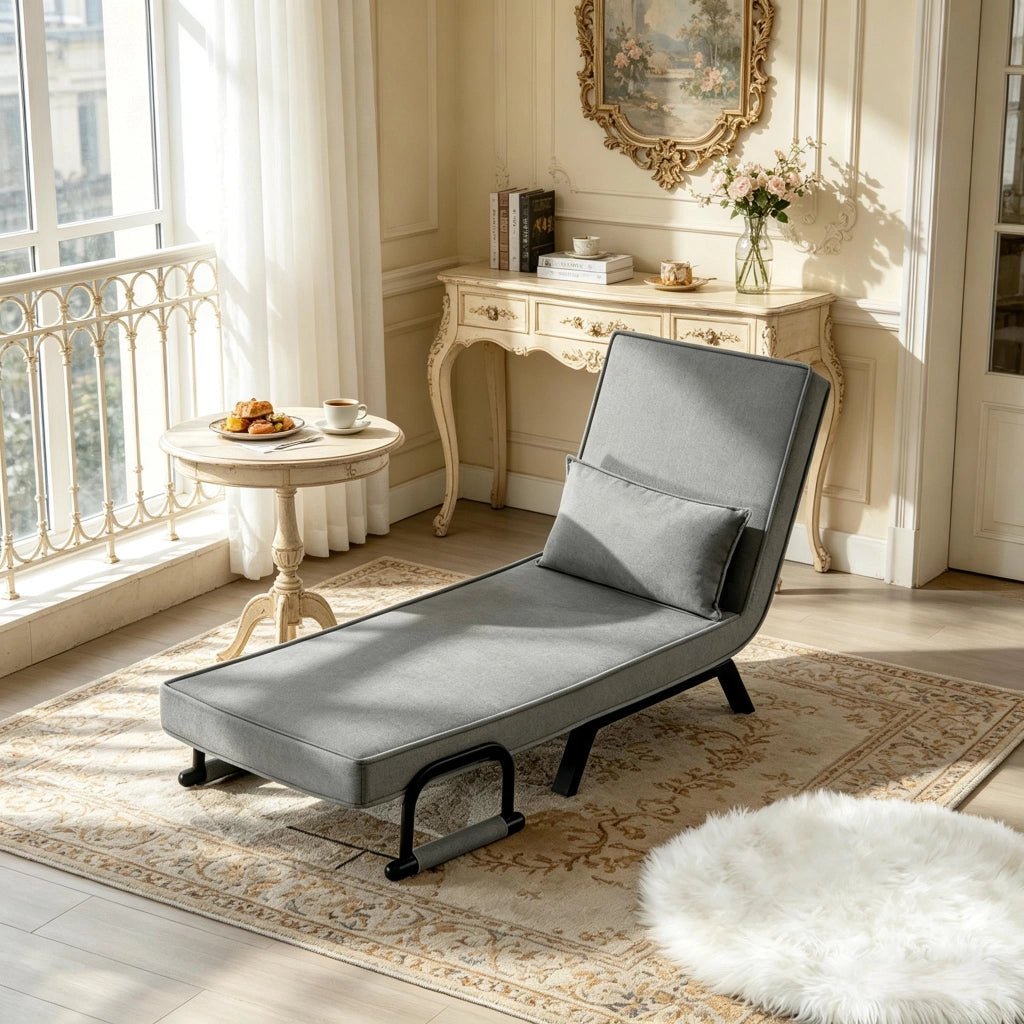 Poltrona letto convertibile pieghevole 3 in 1 con schienale regolabile e cuscino, in lino, metallo e schiuma grigio
