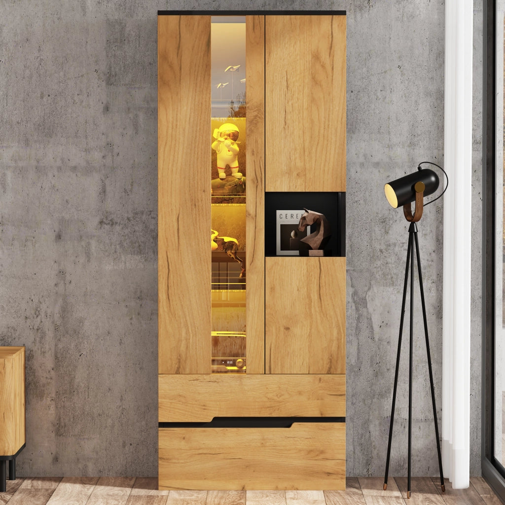 Vetrina con LED, 3 ante, 2 cassetti e vano aperto, per soggiorno, in MDF e vetro, naturale e nero, 70 × 35 × 180 cm