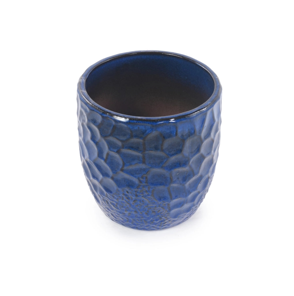 Set di 4 vasi in ceramica artigianali, smaltati blu intenso con rilievo martellato, Ø38/30/22,5/18 cm, con fori di drenaggio, resistenti al gelo per interno e giardino