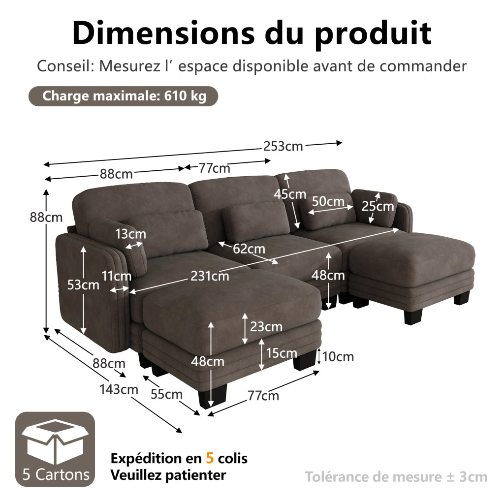 Divano modulare in ciniglia marrone 253x143x88 cm con pouf separato