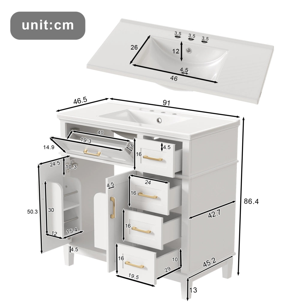 Mobile bagno bianco laccato 90x46x87 cm con lavabo in ceramica, doppia anta, 5 cassetti con ammortizzatori silenziosi e piedini in legno massello