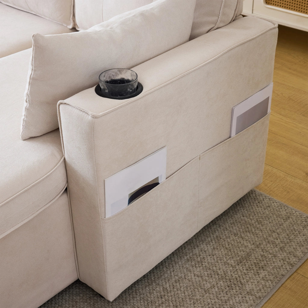Divano letto 3 posti con chaise longue reversibile e contenitore in tessuto beige