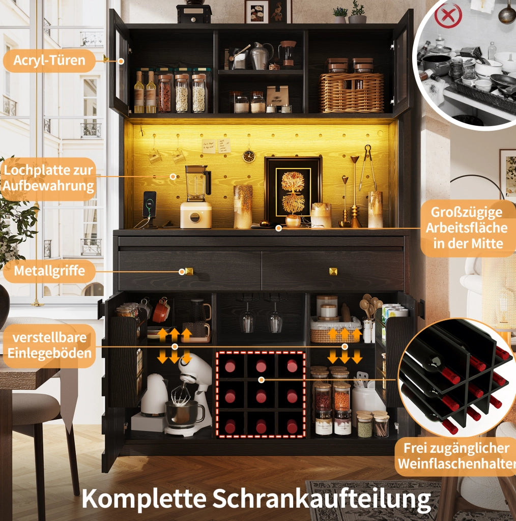 ARMADIO Alto da Cucina 120x40x178 cm MDF e Acrilico Nero con LED RGB e USB